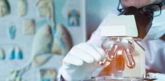 Scientist using a microscope in a lab