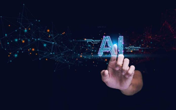 shutterstock_2284581609 Hand touching glowing AI text with digital network nodes