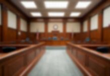 DOJ Nails Bizarre Voter Registration Plot Empty courtroom with wooden benches and judge's bench