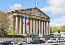 Paris Showdown: Pope Checks Secular Rule Neoclassical building with columns and French flags