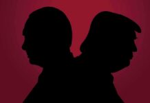 Blame War Erupts After Trump-Putin Call silhouettes of two people back to back on a red background