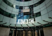 BBC headquarters entrance with curved glass facade