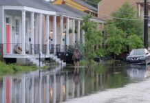 Storm Surge Swallows Carolina Main Streets Person walking through flooded residential street
