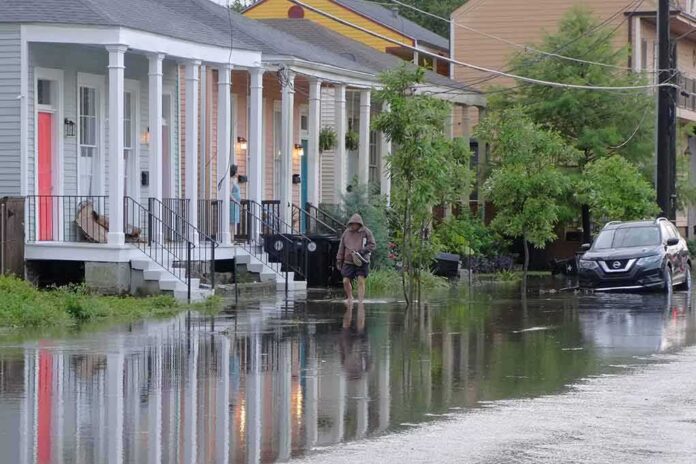 shutterstock_1395506930 Person walking through flooded residential street