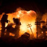 Kyiv, Kharkiv Hit After ‘Immediate’ Truce City ruins ablaze with a massive explosion behind collapsed buildings