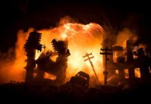 Kyiv, Kharkiv Hit After ‘Immediate’ Truce City ruins ablaze with a massive explosion behind collapsed buildings