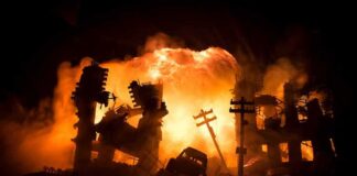 City ruins ablaze with a massive explosion behind collapsed buildings